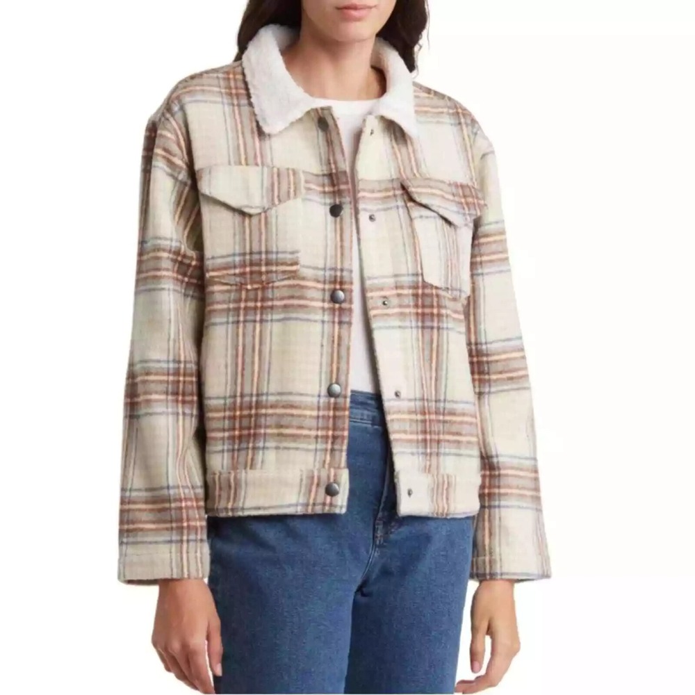 Vigoss‎ Brown Plaid Sherpa Trucker Jacket Women's Large Cropped Snap Front NWT - Picture 2 of 15